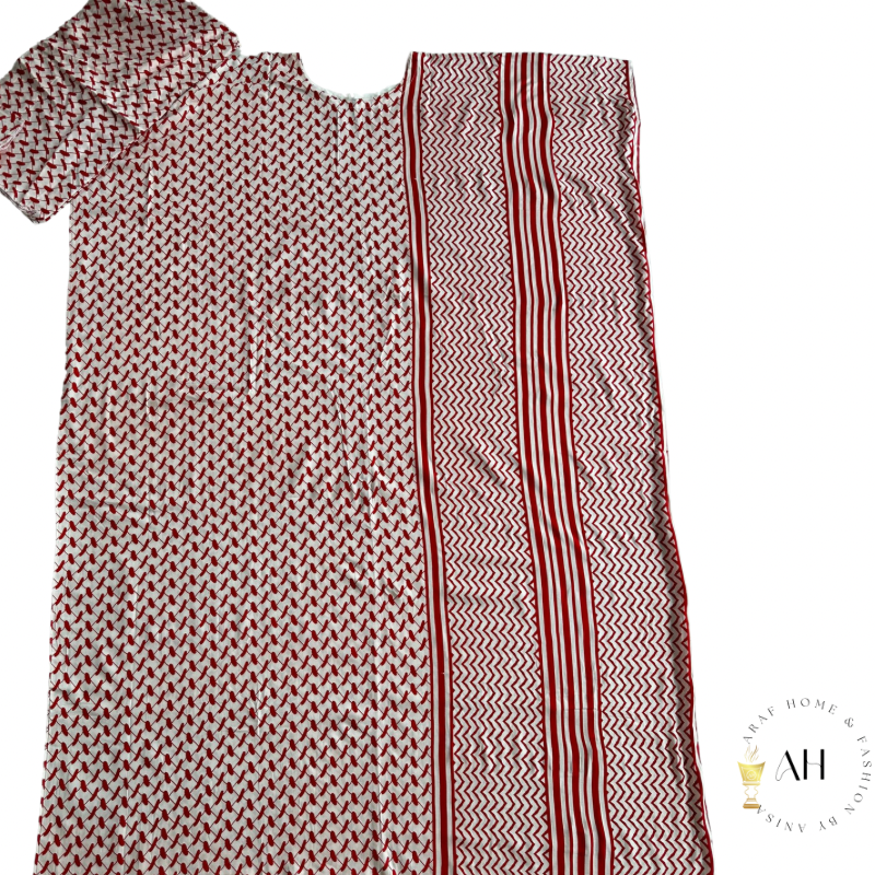 Red Imamat Baati dress with scarf