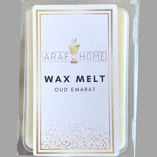 Oud Emarat Wax Melt in a wax melt clamp and white ArafHome Label