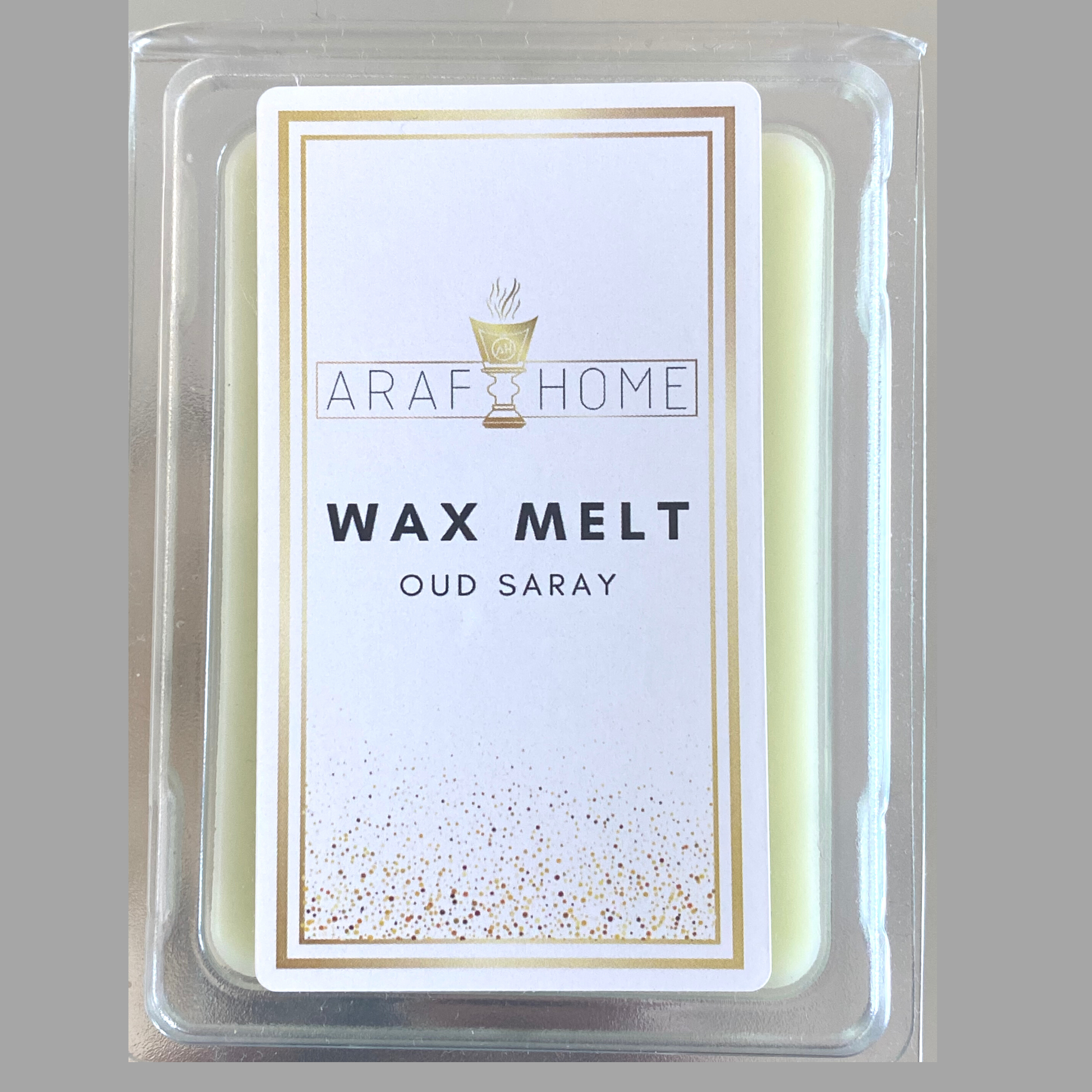 Araf home Oud Wax Melt with a white luxury label