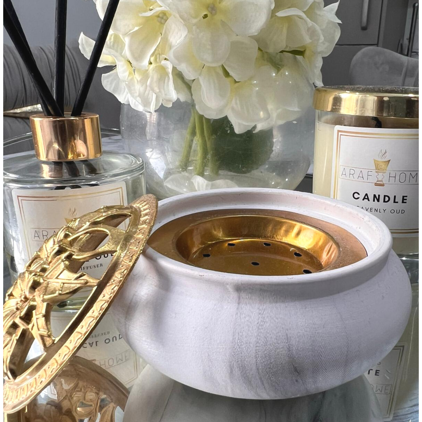 Bakhoor Incense Burner Marble and gold design