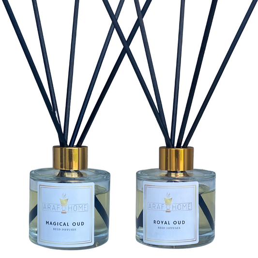 2 Reed Diffussers with black reed sticks. One called Magical Oud and one called Royal Oud. Best scented diffusers sold together to save money. Room Diffusers